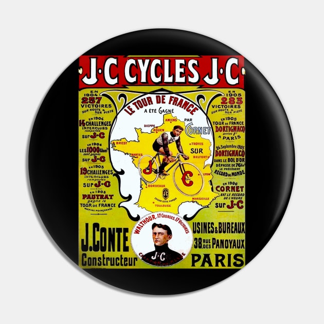 J C. Cycles : Vintage Competing Tour De France Bicycle Racing Print Pin by posterbobs