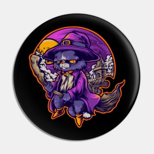 Cat Witch Flying on a Broom Halloween Theme Design Pin