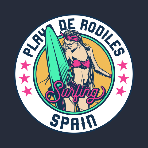 Retro Surfer Babe Badge Playa des Rodiles Spain by Now Boarding