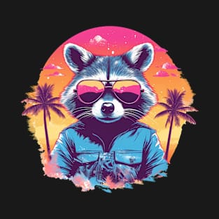 Wildlife Wanderer: Raccoon with Sunglasses and Palm Trees | Colorful Retro Portraiture T-Shirt