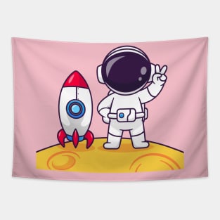 Cute Astronaut Peace On Moon With Rocket Cartoon Tapestry