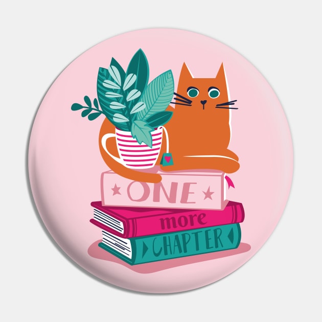 One more chapter // spot // pastel pink background orange tabby cat striped mug with plants orange teal and yellow books with quote Pin by SelmaCardoso