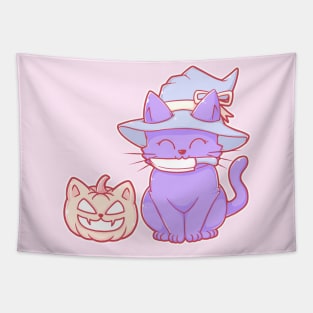 Cute Pastel Halloween Kawaii Cat Pumpkin With Knife and Witch Hat Tapestry