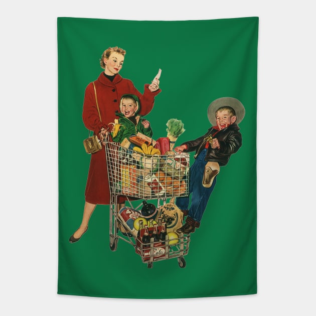 Retro Mom Grocery Shopping with Kids Tapestry by MasterpieceCafe