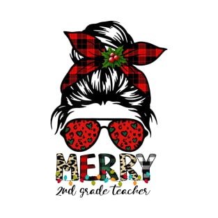 Merry 2nd Grade Teacher Messy Bun Merry Christmas T-Shirt