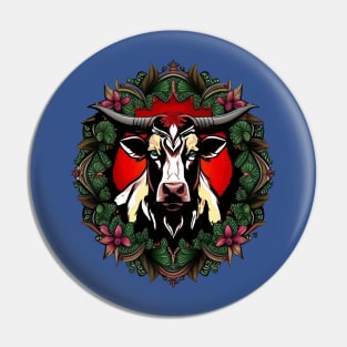 Ox Surrounded By A Wreath Of Red Clover Tattoo Style Art Pin