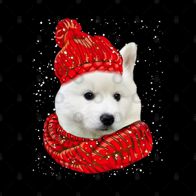 White Husky Wearing Red Hat And Scarf In Snow Christmas by SuperMama1650