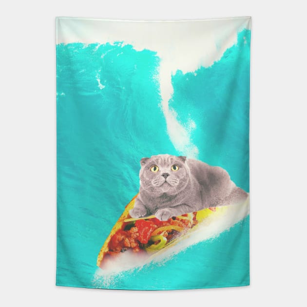 Kitty Cat Surfing Taco Tapestry by Random Galaxy