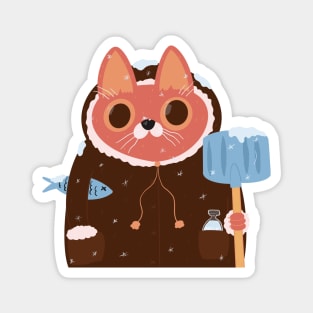 Red-haired Cat in a jacket with a shovel under the snow Magnet