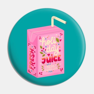 Juice box with hand lettering holiday juice. Cute festive winter holiday illustration. Bright colorful pink and blue greeting card. Pin