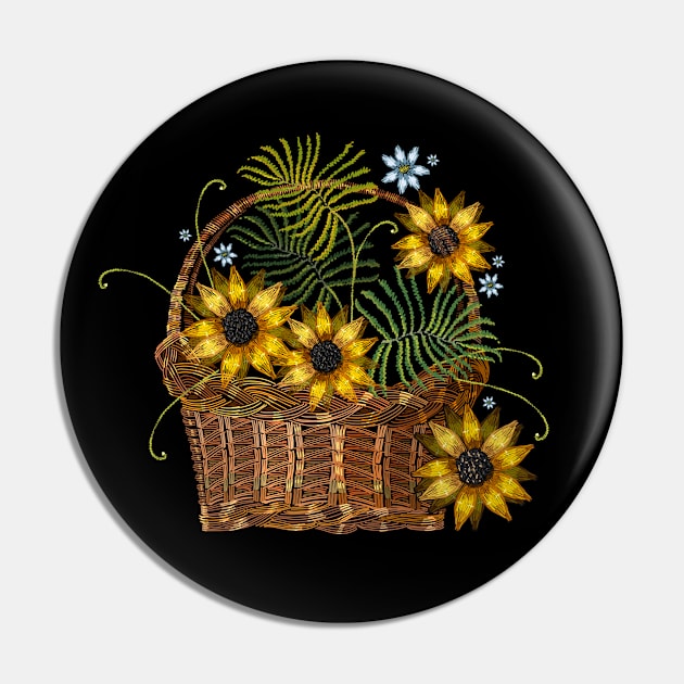 Sunflower Basket Embroidery Pin by Mako Design 