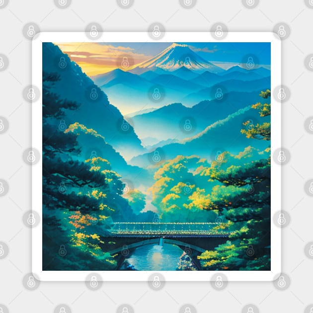 Japanese Mountain in Summertime Magnet by CursedContent