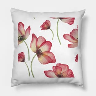 Red translucent Poppies watercolor print. Transparent Poppy flower romantic composition Pillow