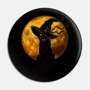 Beautiful Halloween Black Cat with Witch Hat and Full Moon Pin