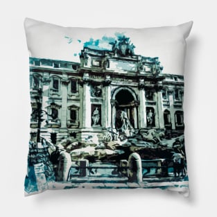 ROME Italy Beautiful Trevi Fountain Watercolor Painting Travel Art Pillow