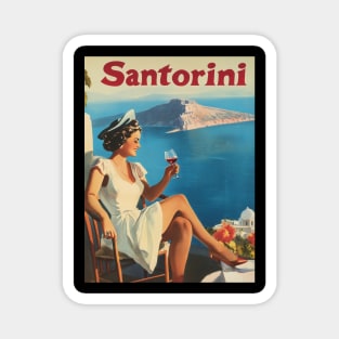 This stylish poster captures the essence of Santorini, showing a leisure moment with a woman enjoying a glass of wine. The stunning Magnet