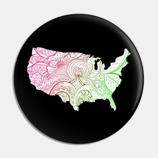 Colorful mandala art map of the United States of America in pink and green on white background Pin