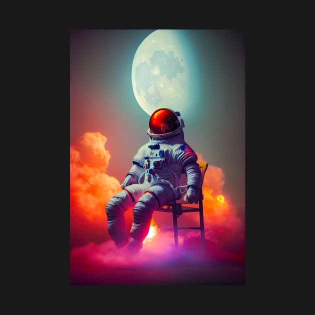 Astronaut sitting on a chair  with red clouds around in space with moon in the background by MoEsam95