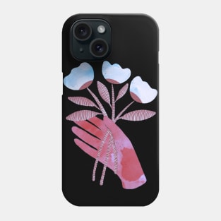 Red hand with blue flowers for you on black background Phone Case