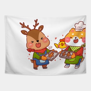 Shiba Inu and Reindeer Baking Gingerbread Tapestry