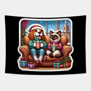 Most Wonderful Time Of The Year Beagle Dog Siamese Cat Ugly Christmas Sweater Hot Chocolate Home Let It Snow Tapestry