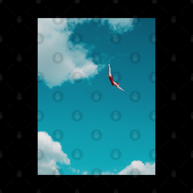 Sky Diver: Woman in Red Bathing Suit Dives Gracefully Through the Clouds by Ofeefee