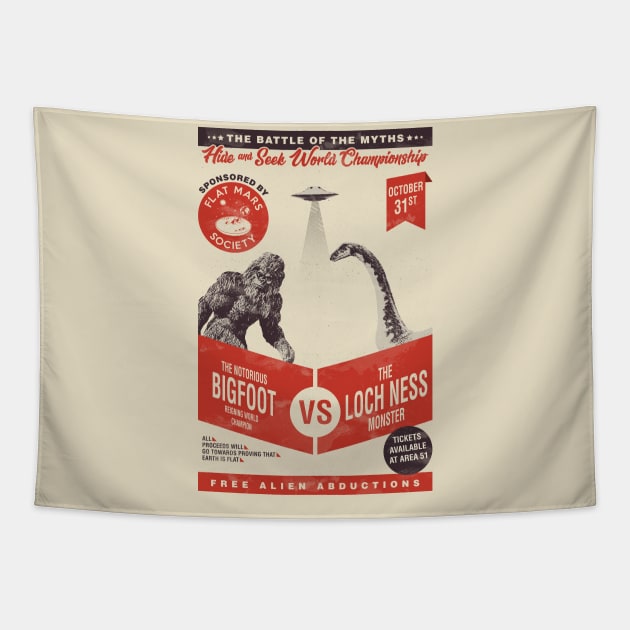 Bigfoot VS Loch ness monster (hide and seek) Tapestry by Bomdesignz