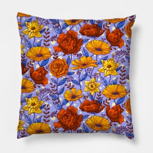 Rich Summer Flowers on Blue Pillow