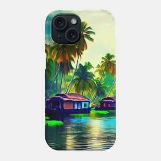 Elegant Kerala natural landscape of coconut trees sunset sky river and houseboat Phone Case