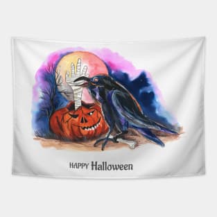 Happy Halloween Raven Pumpkin Tapestry