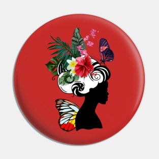 Black Woman with Tropical Flowers and Butterflies Pin