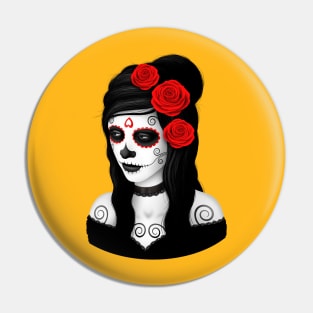 Day of the Dead Girl with Red Roses Pin