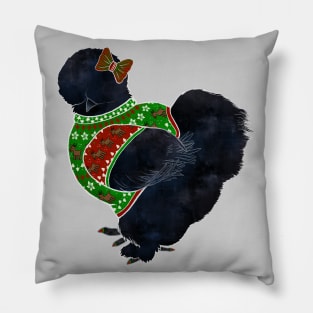 Black Silkie Chicken In An Ugly Christmas Sweater & Bow Pillow
