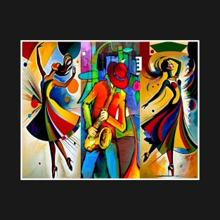 Beautiful Dancers with a Saxophone Player Musical Painting Print T-Shirt