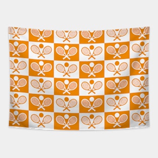 Checkered Tennis Seamless Pattern - Racket and Ball in Orange and White Tones Tapestry