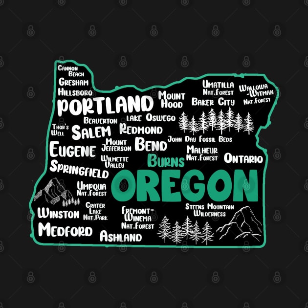 Cute map of Burns Oregon, Portland, Salem, Eugene, Springfield, Bend, Ontario, Medford by BoogieCreates