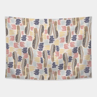 Abstract shapes and stripes blue coral yellow on a white background Tapestry