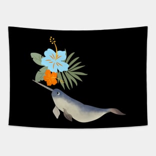 Narwhal Hawaiian Hibiscus Orange Ice Blue Flower Tapestry