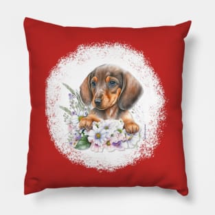 Dachshund Puppy Laying In Flowers Pillow