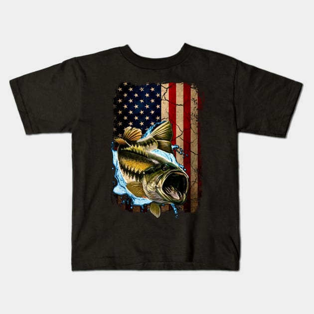 American Flag Bass Fishing Gifts for Fisherman Fish Fishing Kids T-Shirt