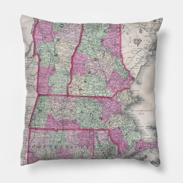 Vintage Map of New England States (1864) Pillow by Bravuramedia