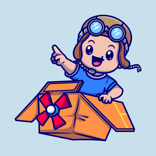 Cute Boy Pilot Driving Cardboard Plane Cartoon by Catalyst Labs