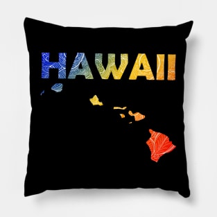 Colorful mandala art map of Hawaii with text in blue, yellow, and red Pillow