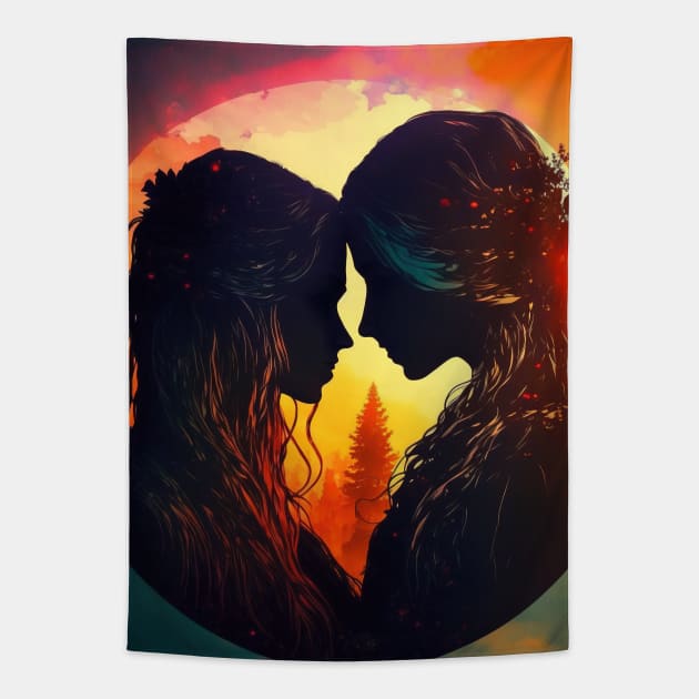 Cute lesbian couple with sunset background Tapestry by Art8085