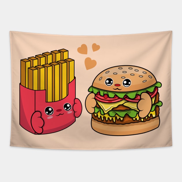 All i need is burger and fries, Kawaii burger and fries cartoon. Tapestry by JS ARTE