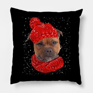 Staffordshire Bull Terriers Wearing Red Hat Christmas Pillow