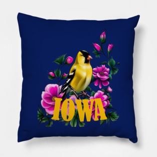 Goldfinch Surrounded By Pink Wild Roses Iowa Pillow