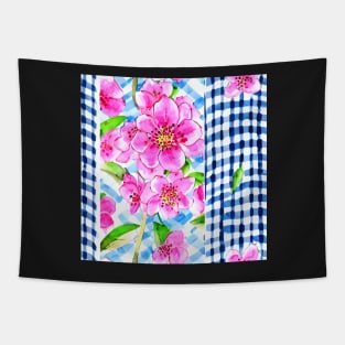 Pink flowers and blue gingham Tapestry