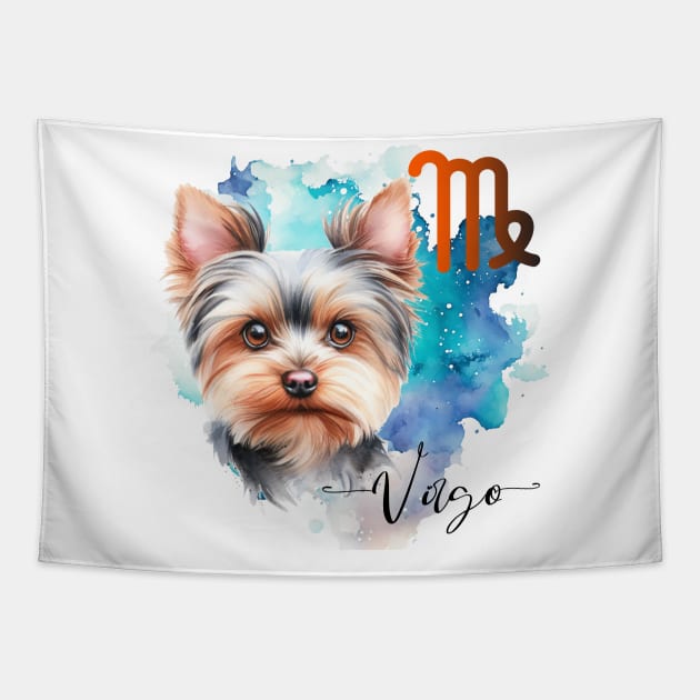 Virgo Zodiac Sign Cute Yorkshire Terrier watercolor art Tapestry by AdrianaHolmesArt