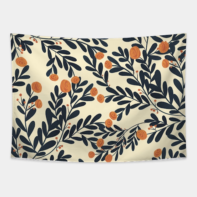 botanical blue leaves pattern with orange rose Tapestry by byjilooo